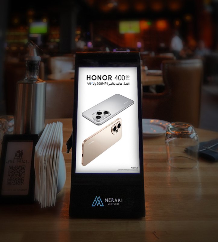 MV Player advertising screen on a restaurant table by Meraki Ventures